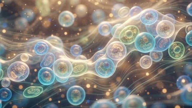 3D render of microscopic biological cells connected by translucent fluid membrane with glowing gold energy