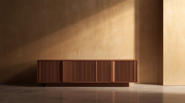Modern wooden sideboard with slatted doors and warm ambient light.