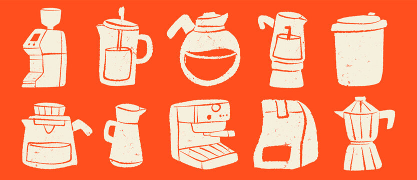 Vintage coffee maker set vector illustration featuring espresso machine, grinder, moka pot, french press, and mug in linocut style on vibrant orange background. for cafe menu, coffee shop branding