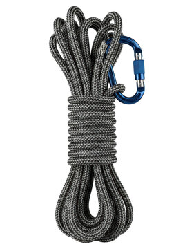 Coiled climbing rope with blue carabiner cut out on transparent background