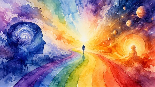 Person walking along rainbow path toward cosmic light horizon