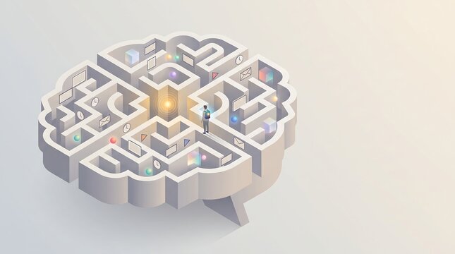 Person searching for focus inside a brain shaped maze