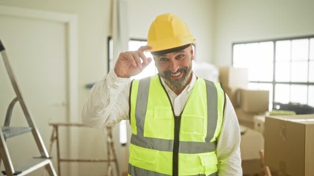 Man in yellow safety vest tips helmet amid renovation boxes and ladder inside building; confidence.
