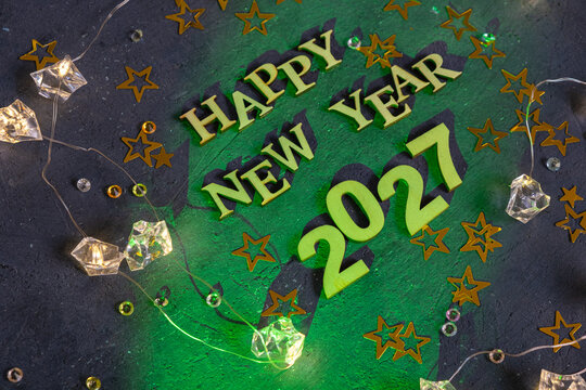 Happy New Year celebration for 2027 with decorations and lights in a festive setting