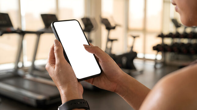 Hands holding smartphone with blank white screen inside fitness gym.