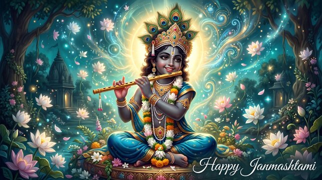 Happy Janmashtami greeting with Lord Krishna playing flute.