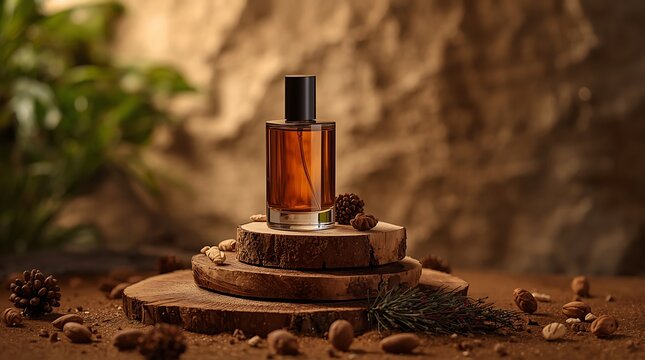 Elegant perfume bottle with natural elements on wooden display.