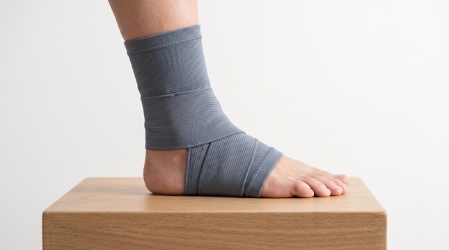 Close up of foot wrapped in a gray elastic compression bandage for ankle support and injury recovery during medical rehabilitation