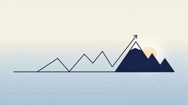 Business growth concept with a line graph rising into a dark blue mountain peak and a sun on a light gradient background grid.