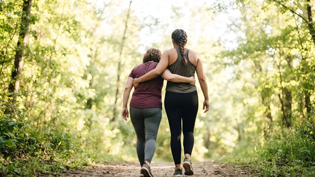 Two women friends walking together in nature with arms around each other.