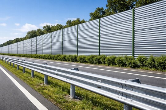 Highway guardrail running beside metal noise barrier