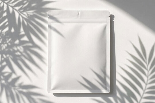 Blank white coffee pouch mockup with morning fern leaf shadows.
