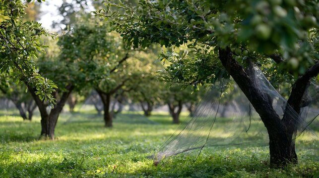 Rows of fruit trees protected by netting in a sunlit orchard with green grass and d d light