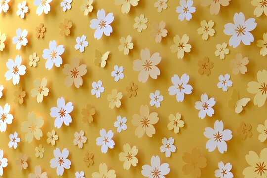 Paper cut cherry blossom flowers pattern on yellow background