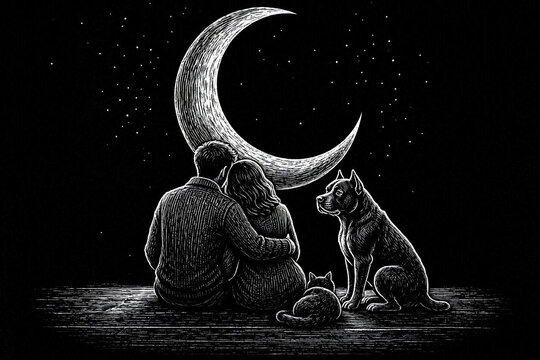 High contrast white engraved line art of a couple and pets with a minimal moon symbol.