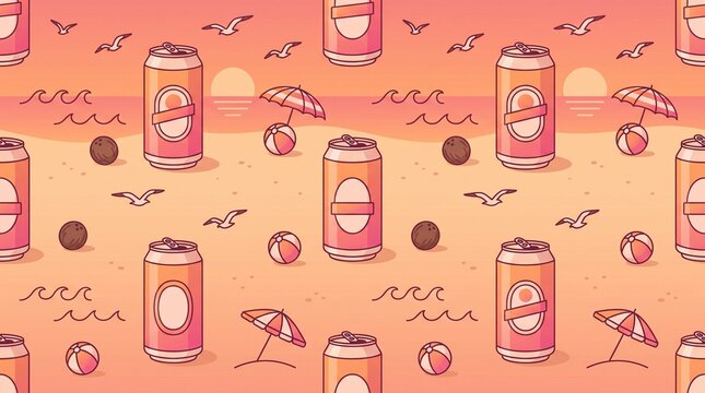 Minimal Sunset Beach Beer Cans Seamless Pattern with Seagulls Umbrellas and Warm Tones