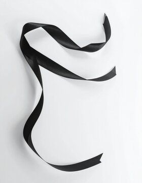 A black satin ribbon elegantly draped against a stark white background