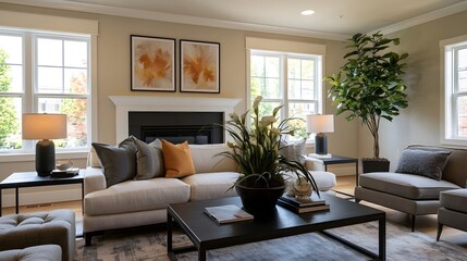 Obraz premium A modern living room featuring a beige sofa black coffee table potted plants and framed artwork above a fireplace