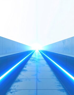 Infinite futuristic tunnel with bright light at the end, reflecting clouds