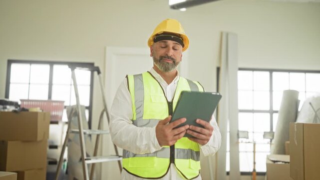 Man architect holding tablet, hands visible while looking up at renovation site inside a building; professional planning focus.