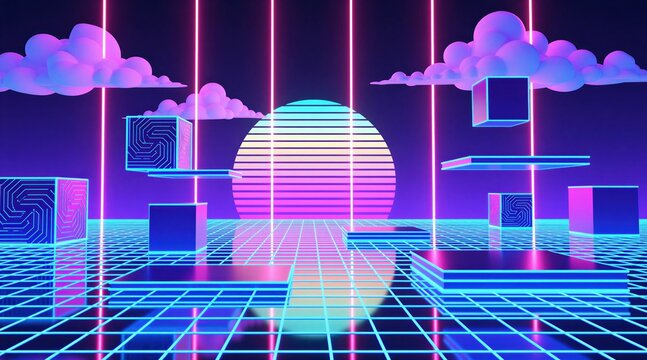 Retro grid landscape with neon lines and glowing clouds. Geometric shapes float on platforms against a vibrant sunset. Digital art evokes future tech and abstract design.