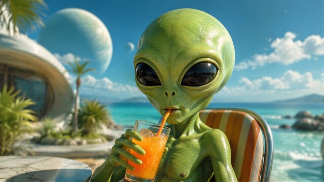 Alien sipping orange drink at futuristic tropical beach resort