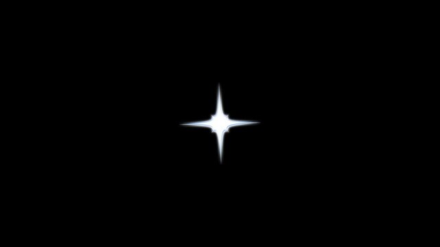 Sparkling star twinkle glitter white cartoon doodle animation, flat vector blinking light effect glowing on transparent black screen background, starry sky festive loop overlay video. 4K