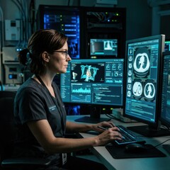 Naklejka premium Female Medical Professional Analyzing Advanced Diagnostics On Futuristic Computer Screens