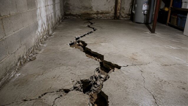 Cracked concrete foundation floor with wide structural fissure in basement