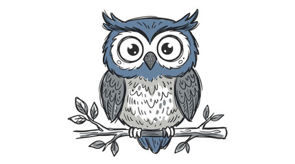 Fototapeta premium Cute cartoon owl sitting on branch hand drawn illustration for kids and children books