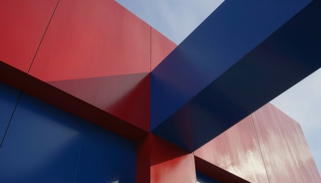 Abstract Geometric Architecture with Bold Red and Blue Panels