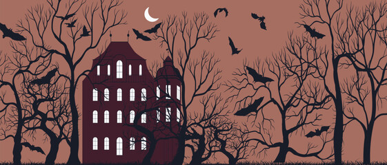 Obraz premium vector drawing dark gothic landscape with mansion, trees silhouettes, moon and flying bats, Halloween background , hand drawn illustration