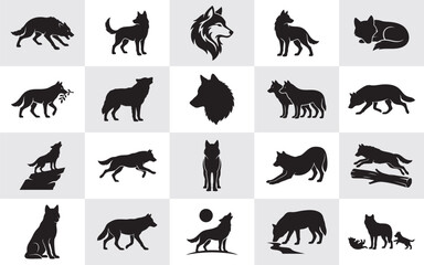 Fototapeta premium 20 Wolf Silhouette Bundle – Premium Wild Wolf Vector Collection, Black Animal Silhouettes