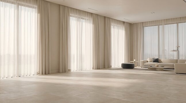Bright modern living room with large windows and sheer curtains.
