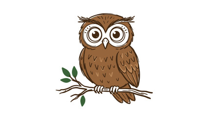 Obraz premium Cute little owl sitting on tree branch in forest at night cartoon vector illustration
