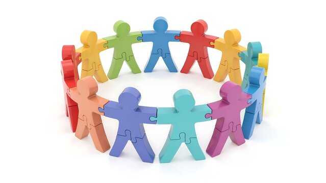 Colorful puzzle people figures holding hands in a circle representing teamwork, unity, community, and social connection concept.