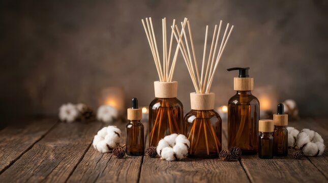 Amber glass bottles with bamboo caps and reed diffusers with cotton flowers on wooden table
