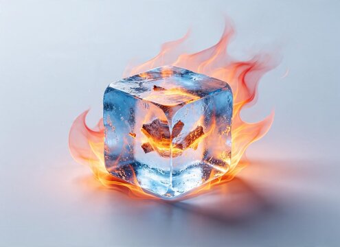 Ice cube engulfed in flames on a reflective surface