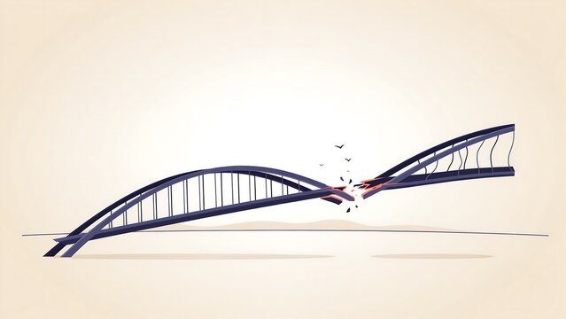 Conceptual of a broken metal bridge arching over a flat horizon line with small birds flying near the fractured gap.