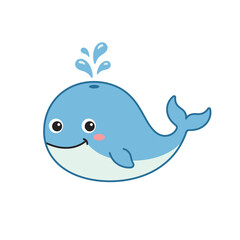 Naklejka premium Cute Cartoon Blue Whale Blowing Water Vector Illustration
