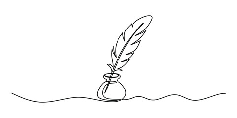 Continuous line drawing of a feather quill pen and ink pot © Alzin