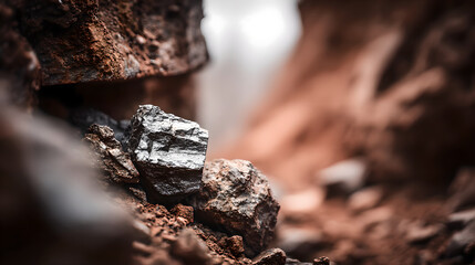 Fototapeta premium Close up of natural copper veins embedded in bedrock, rich copper metallic luster, realistic geological rock texture, emphasizing advanced energy storage materials and strategic mineral significance