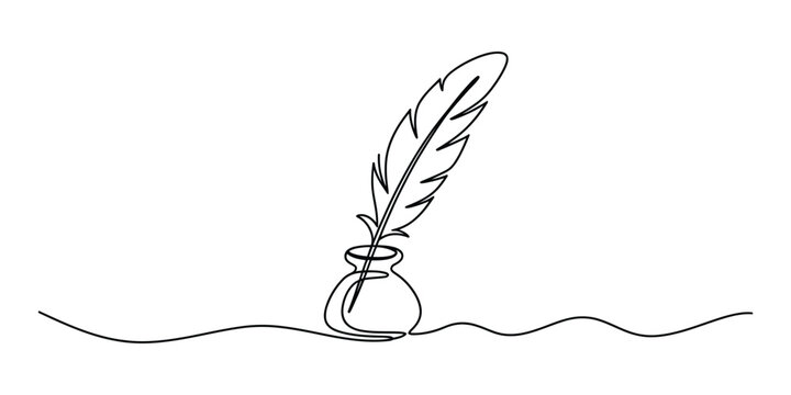 Continuous line drawing of a feather quill pen and ink pot