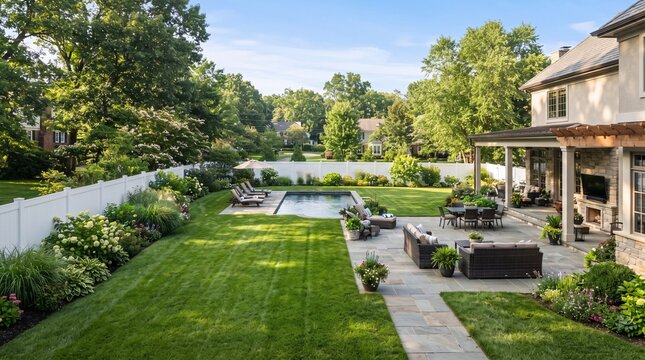 Expansive luxury backyard with sparkling swimming pool, elegant patio furniture, and lush green landscaping, perfect for relaxation and entertaining in a beautiful residential setting