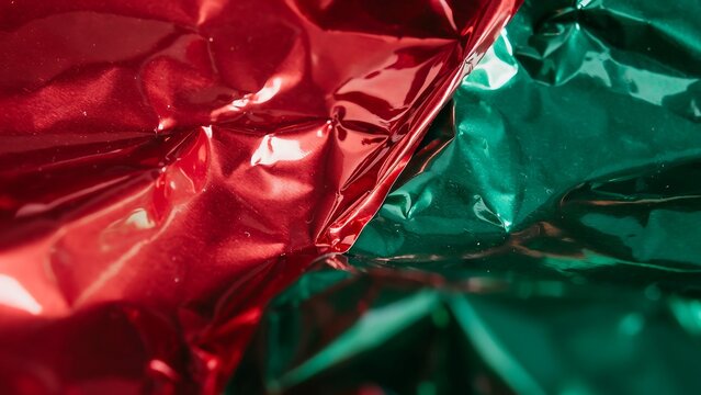 Crinkled red and green metallic foil texture, featuring sharp folds and reflective surfaces with a contrast between two colors.