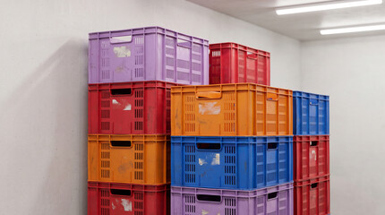 Fototapeta premium Stacked colorful plastic crates in red, orange, blue, and purple inside a cold storage room facility