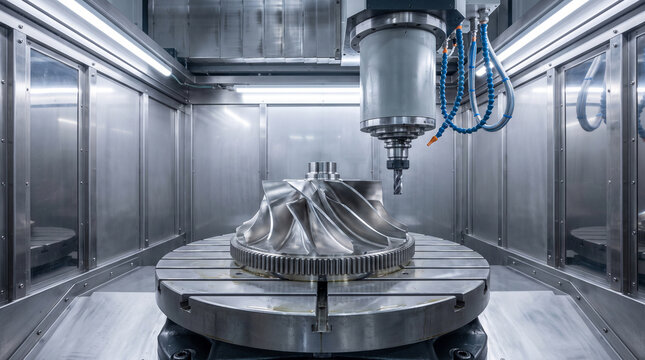 CNC machining center milling a large turbine impeller on a rotary table inside an industrial enclosure