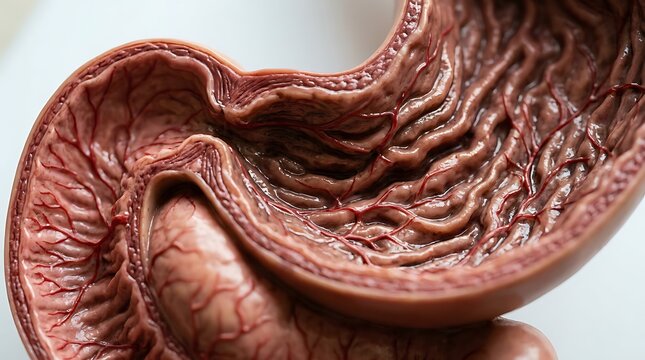 Human digestive system anatomical model showing stomach lining