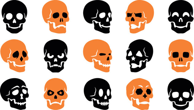 Seamless pattern of black and orange skulls arranged in a grid for halloween themed background and festive decoration