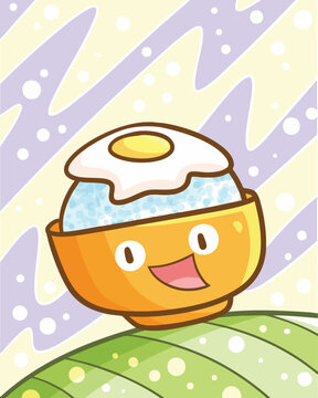 Cute and funny egg rice in the bowl cartoon character laughing happily